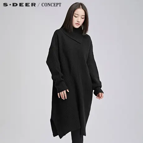 sdeer圣迪奥女装2018冬装设计感宽松开衩高领中长款针织S16483576商品大图