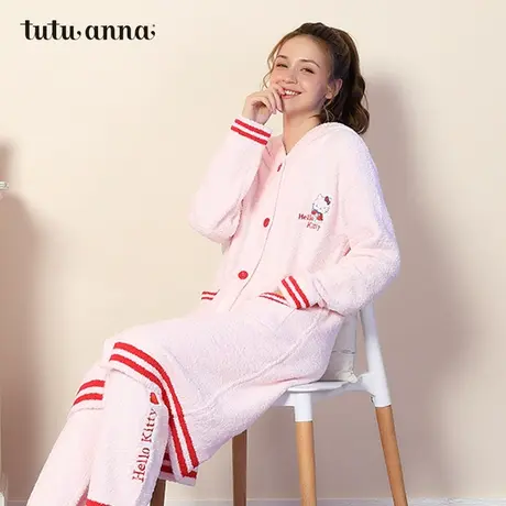 tutuanna联名HelloKitty睡衣家居服女长袖加厚毛毛衫连帽长款外套图片