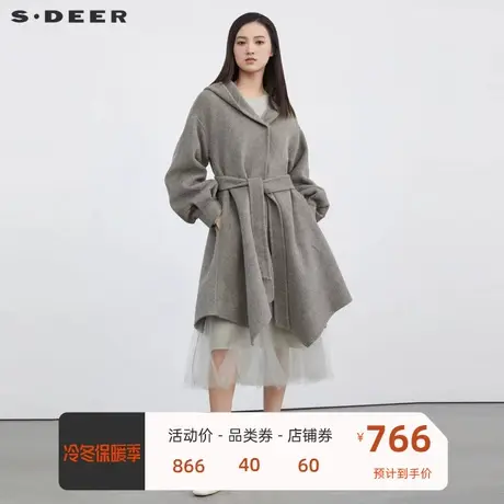 sdeer圣迪奥女装连帽收腰泡泡袖不规则毛呢大衣S224Z2503商品大图