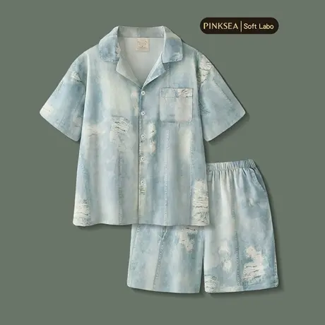 Pinksea冰丝男士睡衣夏季牛仔风短袖短裤套装2025新款夏天家居服图片