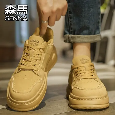 森马男鞋秋季百搭真皮防水休闲板鞋学生运动厚底增高小麦色潮鞋子图片