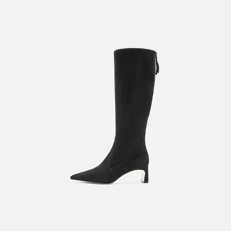 Nine West/玖熙2025年冬季新款弹力靴女黑色尖头绒里粗高跟长筒靴图片
