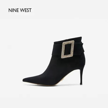 Nine West/玖熙尖头方扣水钻羊反绒短靴2023冬新款细跟优雅时装靴图片