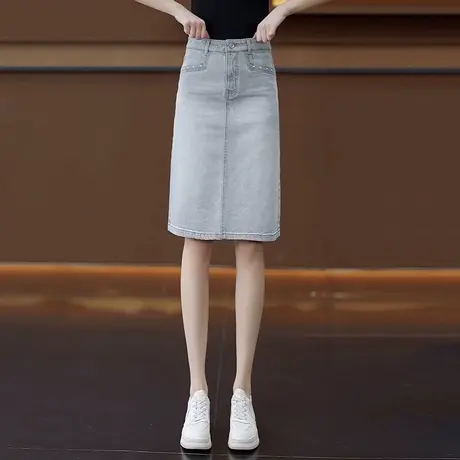 莫兰迪灰时尚烫珠半身牛仔裙女夏季薄款高腰开叉中长款A字包臀裙a图片