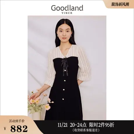 Goodland美地女装秋季法式优雅针织蝴蝶结木耳花边连衣裙图片
