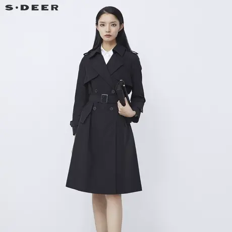 sdeer圣迪奥春秋款时尚翻领双排扣收腰通勤长款黑色风衣S21361810图片