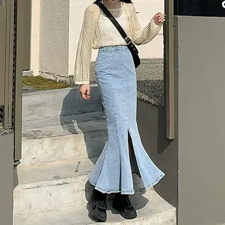 【直播】牛仔开叉高腰中长款辣妹包臀鱼尾裙图片