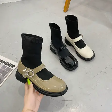 玛丽珍连袜小皮鞋女2024秋季新款英伦风圆头中跟显瘦针织弹力袜靴商品大图