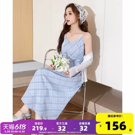 唐狮夏季吊带连衣裙2025新款法式优雅女装送披肩格子长裙两件套l3图片