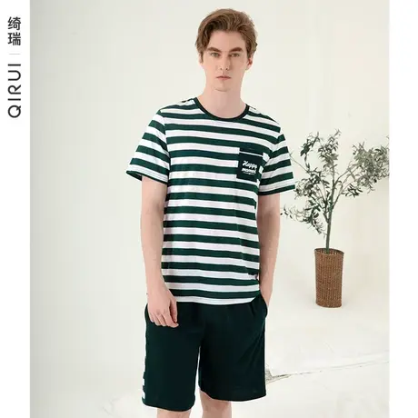 绮瑞男士睡衣夏季纯棉短袖短裤条纹薄款家居服夏天全棉套装可外穿图片
