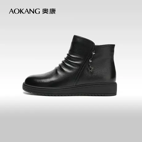 【门店发货】奥康女鞋 冬季新款褶皱鞋面温暖舒适妈妈靴短靴商品大图