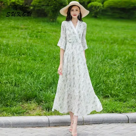 优雅气质印花连衣裙女2024夏季新款V领大摆长裙仙女裙子超仙森系图片