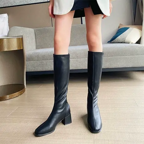 高跟长靴女2023年冬季新款粗跟显瘦长筒靴后拉链不过膝高筒骑士靴图片