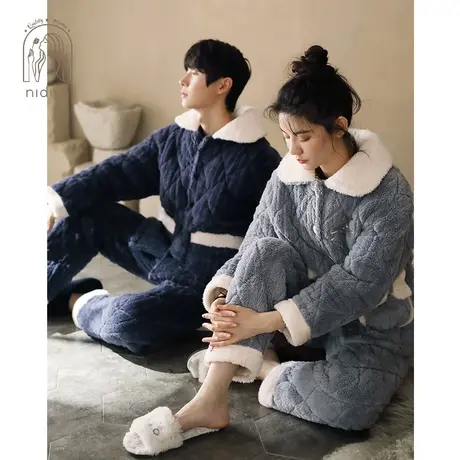 妮狄娅新款情侣睡衣女冬季开衫珊瑚绒三层夹棉男士保暖家居服套装图片
