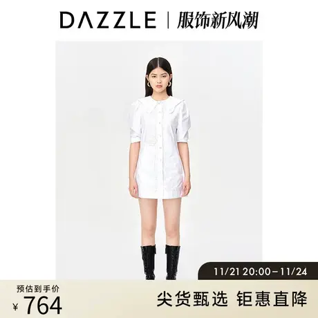DAZZLE地素 奥莱白色贝壳贴布绣波浪领泡泡袖收腰连衣裙女图片