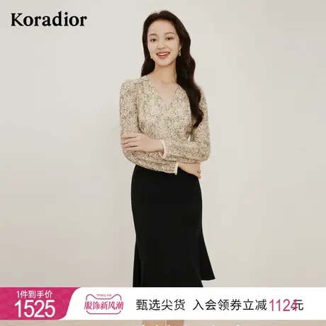 珂莱蒂尔女装2023秋季新款撞色设计感碎花v领中长款连衣裙超好看图片