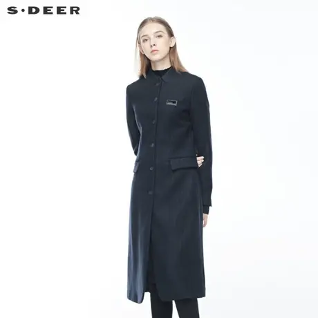 sdeer圣迪奥女时尚休闲立领字母贴布开衩下摆纯色风衣S191A1835图片