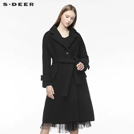 sdeer圣迪奥女装时尚平驳领单排扣插袋收腰纯黑大衣S19481834图片