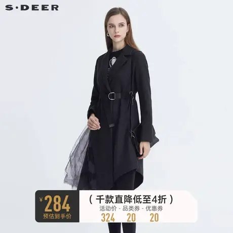 sdeer圣迪奥秋冬休闲翻领收腰拼接网纱印花毛呢大衣女S20481706图片