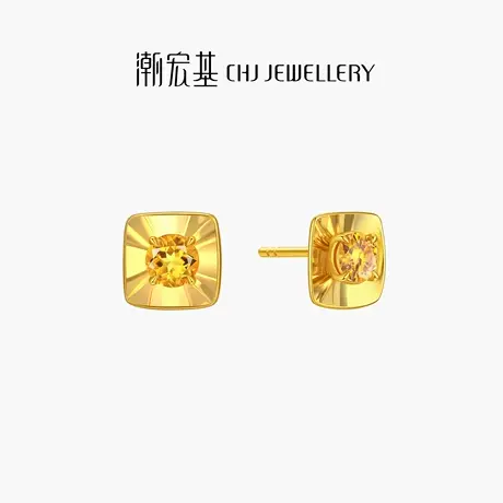 潮宏基至简黄18K金水晶耳钉彩金耳饰礼物送女友高级ins风精致图片