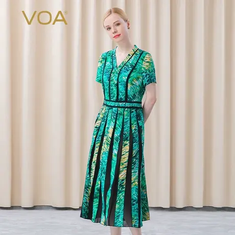 VOA100%桑蚕丝黄绿印花桃领短袖中腰百褶清爽甜美日常真丝连衣裙图片