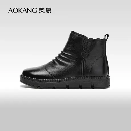 【门店发货】奥康女鞋 冬季新款加绒保暖妈妈靴真皮及踝靴商品大图