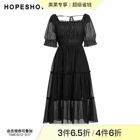 红袖outlets夏季新款女装肌理感泡泡袖松紧收腰方领套头连衣裙图片