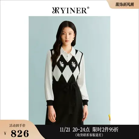 [假两件]YINER音儿线上专选女装2023秋季POLO领针织连衣裙图片