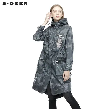 sdeer圣迪奥个性连帽字母抽绳收腰夸张口袋迷彩风衣S19381816图片