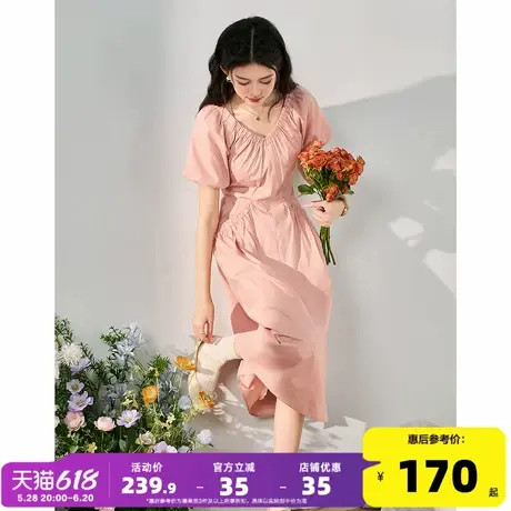 唐狮25新款女夏V领短袖修身连衣裙收腰泡泡袖显瘦长裙粉色少女l3图片