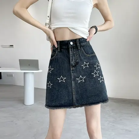 牛仔半身裙女短款夏季新款高腰a字复古显瘦小众毛边印花包臀裙潮图片