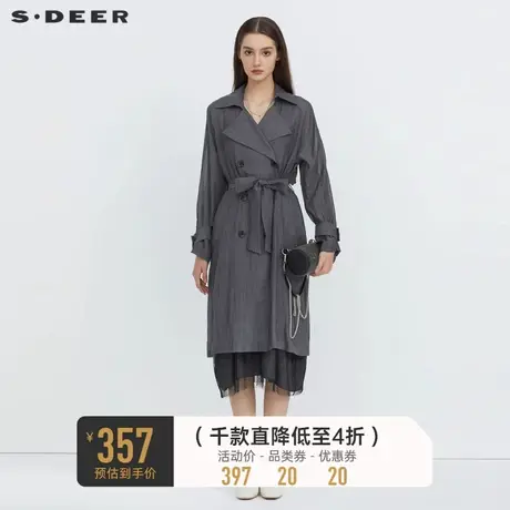 sdeer圣迪奥薄款风衣女翻领收腰双排扣长款外套S223Z1804图片