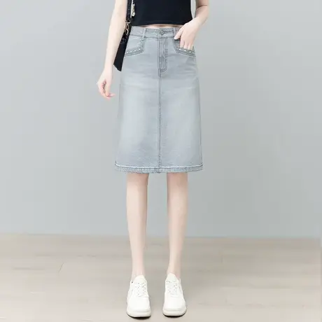 复古后开叉半身牛仔短裙女2025夏季薄款浅色中长款A字一步包臀裙a图片