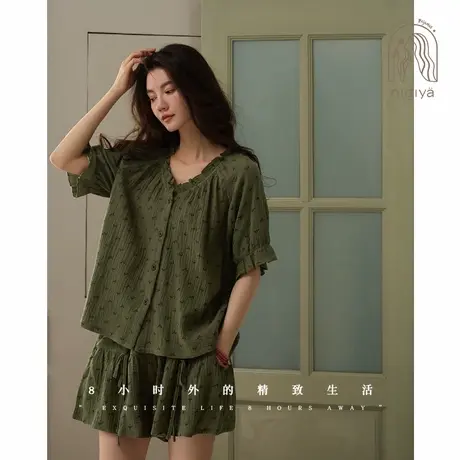 妮狄娅睡衣女夏季纯棉纱布短袖开衫款森系碎花甜美外穿家居服套装图片