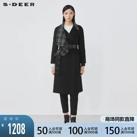 sdeer圣迪奥2021秋冬新品时尚翻领格纹拼接收腰毛呢大衣S21481846图片