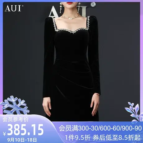 AUI黑色方领赫本风丝绒连衣裙女2023冬新款性感御姐轻熟风小黑裙图片