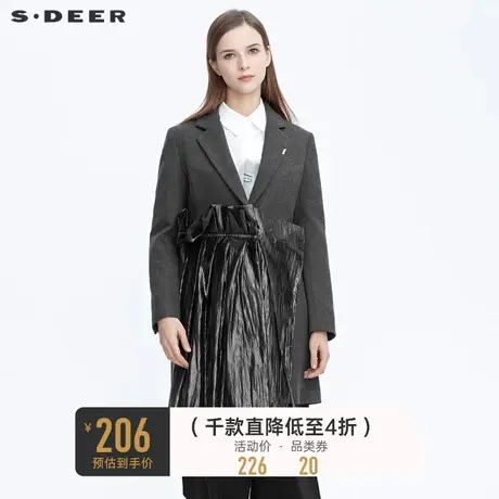 sdeer圣迪奥冬季休闲平驳领抽褶拼接毛呢西装风衣外套女S20481707商品大图