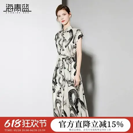 海青蓝 连衣裙夏女2025新款翻领印花高级女装轻熟小众不撞款裙子图片