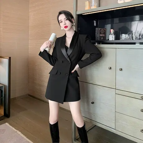 气质轻熟风连衣裙女时尚双排扣黑色西服外套中长款职业长袖西装裙图片