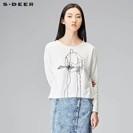 sdeer圣迪奥女装秋装休闲撞色抽象印花白色长袖T恤S18180203商品大图