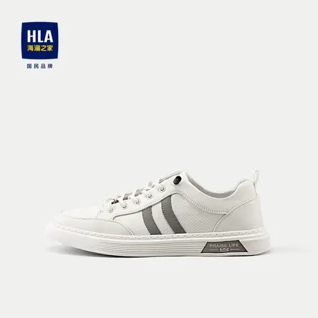 HLA/海澜之家含牛皮革休闲鞋抽绳系带字母刺绣圆领透气鞋子图片