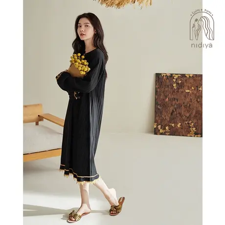 妮狄娅2024睡衣睡裙女春季纯棉长袖简约中长款时尚休闲春秋家居服图片