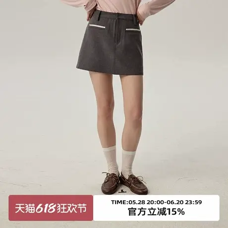 omont蛋挞家 复古杂灰色高腰显瘦半身裙2025春蕾丝拼接设计感短裙图片
