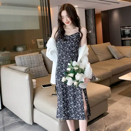 唐狮黑色碎花吊带连衣裙女开叉吊带裙A字裙茶歇法式裙子女夏季e9图片