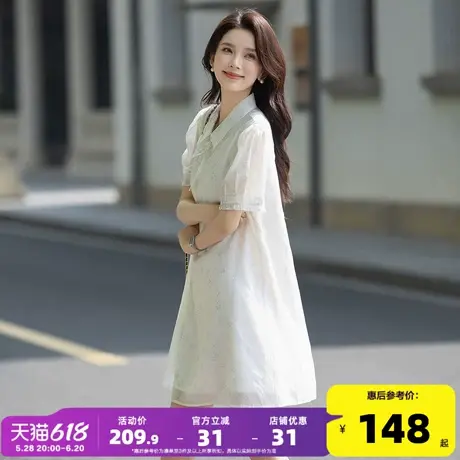 唐狮2025女夏季轻盈甜美衬衫领设计连衣裙短袖新中式透气碎花dmn图片