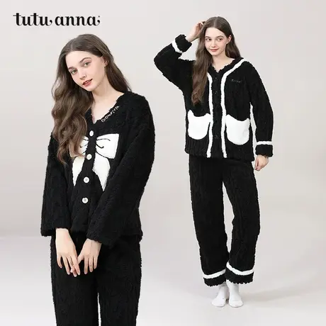 tutuanna秋冬珊瑚绒女士睡衣 羊羔绒加厚保暖蝴蝶结V领家居服套装图片