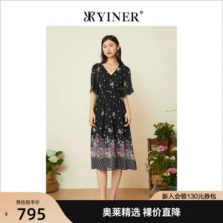 YINER音儿女装2022夏季新款收腰百褶裙v领雪纺碎花连衣裙图片