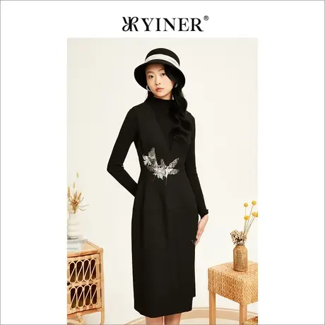 YINER音儿女装冬季法式优雅花鸟珠片绣羊毛连衣裙高级感图片