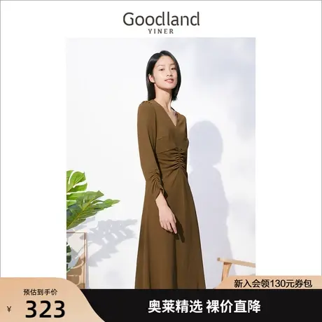 音儿美地女装2022秋季新款长袖v领气质法式掐腰褶皱连衣裙图片