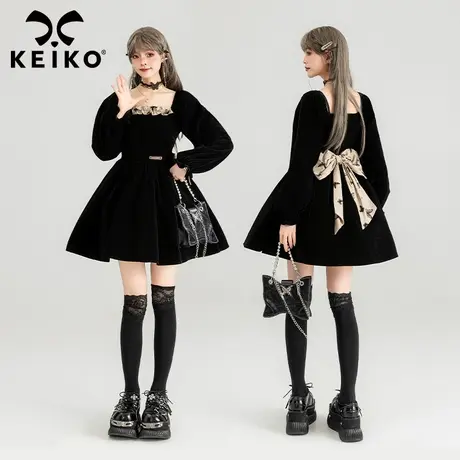 KEIKO 法式黑色丝绒连衣裙2024春季赫本千金风收腰显瘦蓬蓬公主裙图片